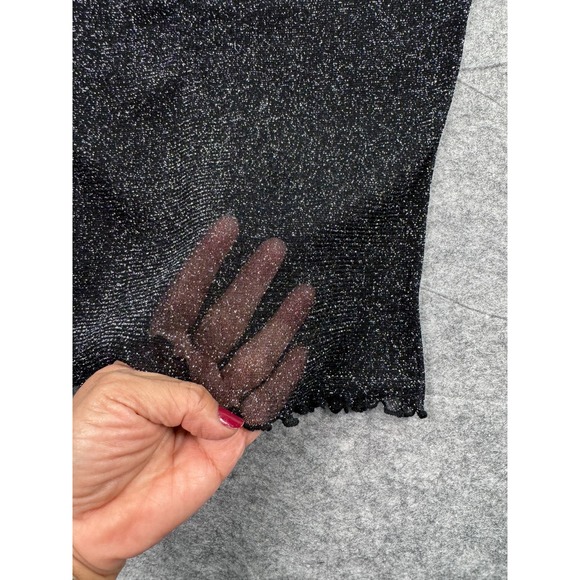 Sheer Black Mesh Large‎ Short Sleeve Lettuce Trim Top with Metallic Sparkles - Picture 5 of 6